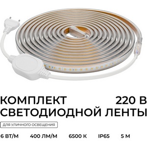 Комплект светодиодной ленты 220В 6Вт/м 400лм/м 6500К (х/б, SMD2835 120д/м 5м IP65 OGM SL-67